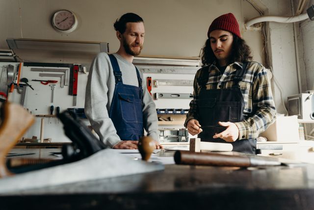 Two carpenters working together at a bench in the shop